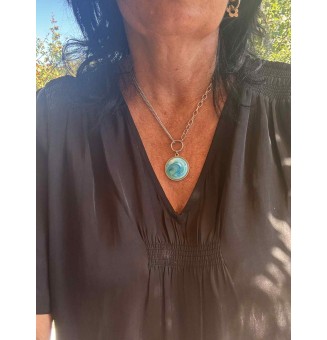 Collier cabochon en verre filé – bleu vert - acier inoxydable
