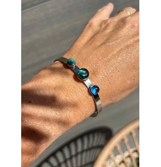 Bracelet rigide réglable acier inoxydable – Cabochons en verre filé Bleu vert