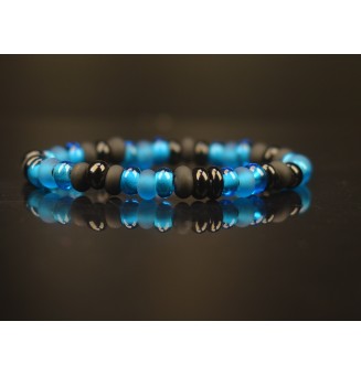 Bracelet Élastique mixte (homme femme) noir bleu en Perles de Verre artisanales filées au chalumeau