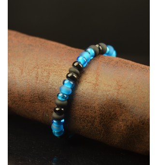 Bracelet Élastique mixte (homme femme) noir bleu en Perles de Verre artisanales filées au chalumeau
