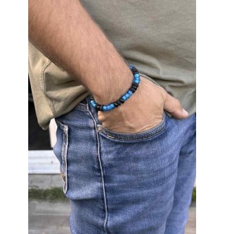 Bracelet Élastique mixte (homme femme) noir bleu en Perles de Verre artisanales filées au chalumeau
