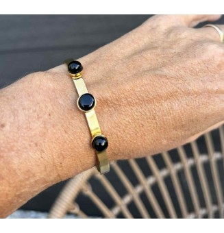 Bracelet rigide réglable acier inoxydable Doré – Cabochons en verre filé NOIR