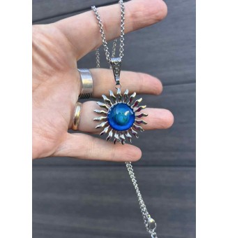 Collier Soleil bleu vert en Acier Inoxydable avec Perle de Verre Filé 44+3 cm