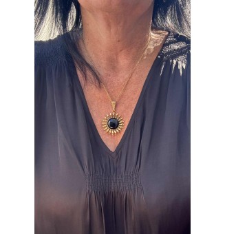Collier Soleil NOIR en Acier Inoxydable doré avec Perle de Verre Filé 44+3 cm