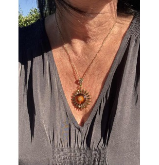 Collier Soleil Ambré en Acier Inoxydable doré avec Perle de Verre Filé 44+3 cm