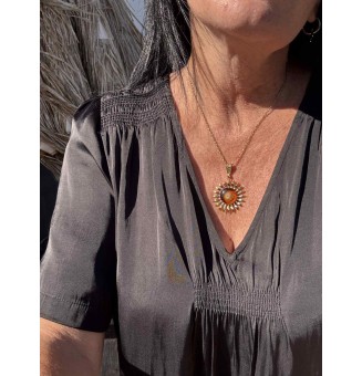 Collier Soleil Ambré en Acier Inoxydable doré avec Perle de Verre Filé 44+3 cm