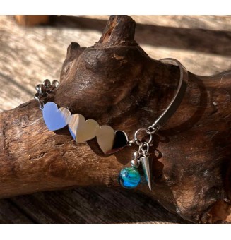 Bracelet demi-jonc en acier inoxydable avec perles de verre filé – bleu vert