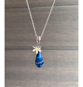 collier fleur 44 +3 cm "bleu pétrole" perles de verre filé au chalumeau