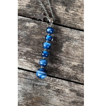 Collier "Éclat de Joie "bleu pétrole" en perles de verre filé - acier inoxydable