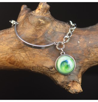 Bracelet demi-jonc en acier inoxydable avec cabochon en verre filé – vert bleu