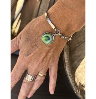 Bracelet demi-jonc en acier inoxydable avec cabochon en verre filé – vert bleu