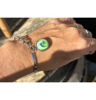Bracelet demi-jonc en acier inoxydable avec cabochon en verre filé – vert bleu