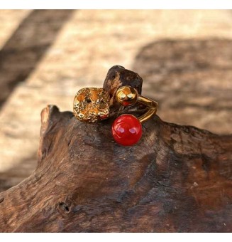 Bague réglable acier inoxydable doré avec perle de verre – Nouveau modèle - rouge
