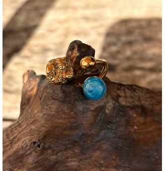 Bague réglable acier inoxydable doré avec perle de verre – Nouveau modèle - bleu