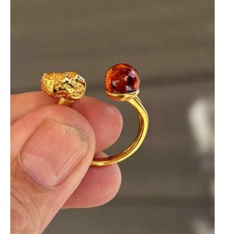 Bague réglable acier inoxydable doré avec perle de verre – Nouveau modèle - Ambre