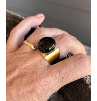 Bague Large Dorée avec Cabochon en Verre Filé – Modèle Unique - noir