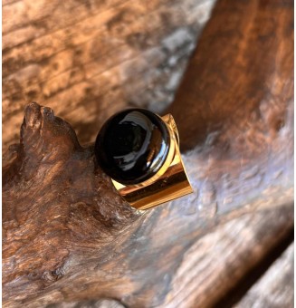 Bague Large Dorée avec Cabochon en Verre Filé – Modèle Unique - noir