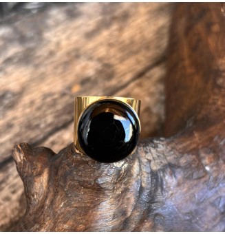 Bague Large Dorée avec Cabochon en Verre Filé – Modèle Unique - noir