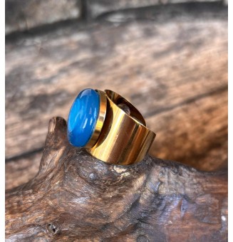 Bague Large Dorée avec Cabochon en Verre Filé – Modèle Unique - BLEU