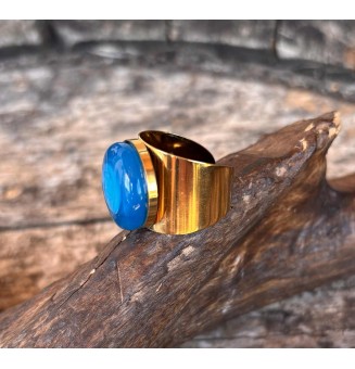 Bague Large Dorée avec Cabochon en Verre Filé – Modèle Unique - BLEU