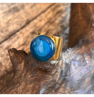 Bague Large Dorée avec Cabochon en Verre Filé – Modèle Unique - BLEU