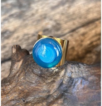 Bague Large Dorée avec Cabochon en Verre Filé – Modèle Unique - BLEU