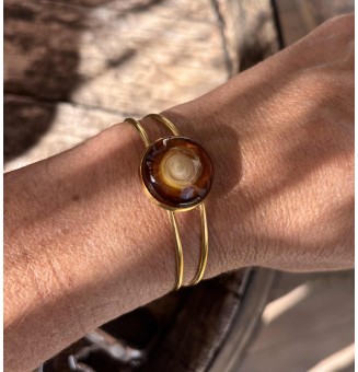 Bracelet rigide doré – cabochon en verre artisanal fait main - Dégradé ambré