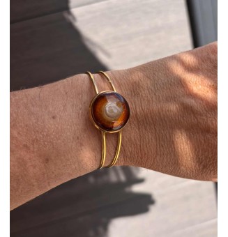 Bracelet rigide doré – cabochon en verre artisanal fait main - Dégradé ambré