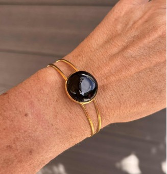 Bracelet rigide doré – cabochon en verre artisanal fait main - Noir