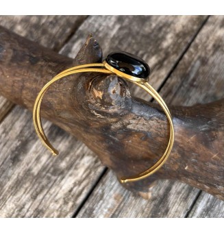 Bracelet rigide doré – cabochon en verre artisanal fait main - Noir