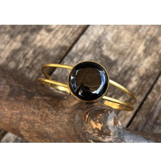 Bracelet rigide doré – cabochon en verre artisanal fait main - Noir
