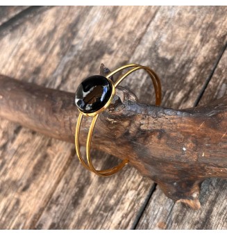 Bracelet rigide doré – cabochon en verre artisanal fait main - Noir
