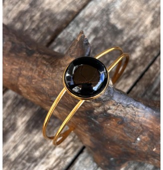 Bracelet rigide doré – cabochon en verre artisanal fait main - Noir