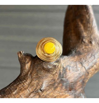 Bague en Verre Filé au Chalumeau "JAUNE FLUO"  - acier INOXYDABLE doré