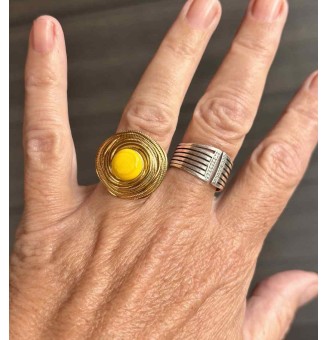 Bague en Verre Filé au Chalumeau "JAUNE FLUO"  - acier INOXYDABLE doré