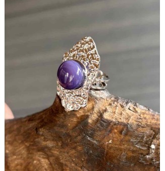 Bague réglable femme en acier inoxydable martelé avec cabochon en verre filé – bijou artisanal fait main Liloo Créations