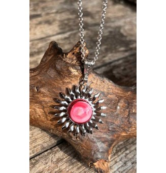 Collier Soleil Rose en Acier Inoxydable avec Perle de Verre Filé 45+3 cm