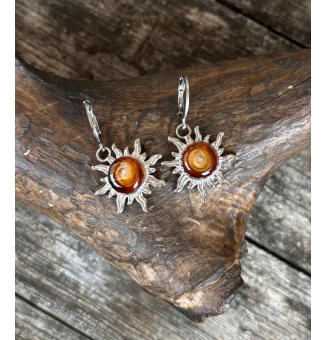 Boucles d’oreilles “Soleil ambré” – cabochon de verre filé à la flamme, acier inoxydable