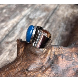 Bague Large ACIER INOXYDABLE avec Cabochon en Verre Filé – Modèle Unique - Bleu Océan