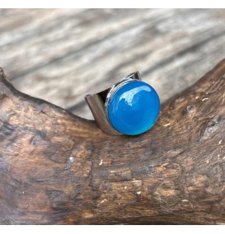 Bague Large ACIER INOXYDABLE avec Cabochon en Verre Filé – Modèle Unique - Bleu Océan