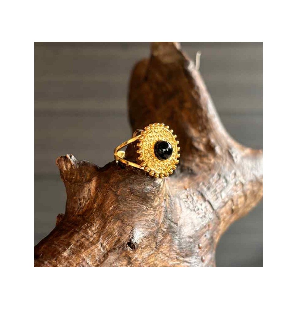 Bague en Verre Filé au Chalumeau "NOIRE"  - acier INOXYDABLE doré