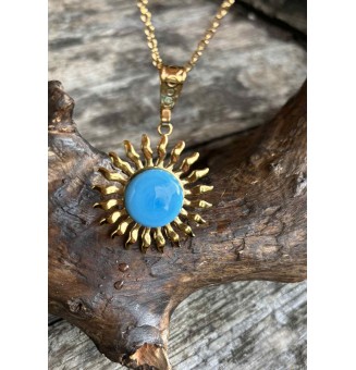 Collier Soleil Turquoise en Acier Inoxydable doré avec Perle de Verre Filé 43+3 cm