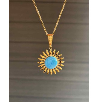 Collier Soleil Turquoise en Acier Inoxydable doré avec Perle de Verre Filé 43+3 cm