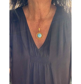 Collier Soleil Turquoise en Acier Inoxydable doré avec Perle de Verre Filé 43+3 cm