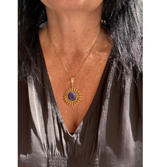 Collier Soleil violet en Acier Inoxydable doré avec Perle de Verre Filé 43+3 cm