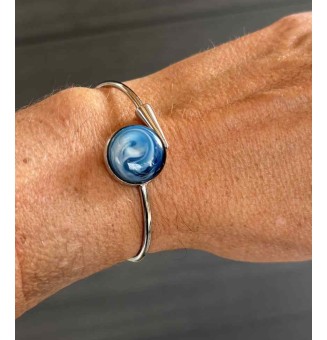 Bracelet pliable en acier inoxydable – Cabochon BLEU PETROLE en verre filé - pour petits poignets