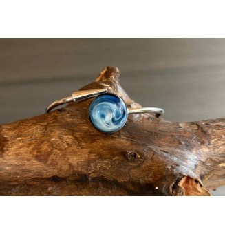 Bracelet pliable en acier inoxydable – Cabochon BLEU PETROLE en verre filé - pour petits poignets