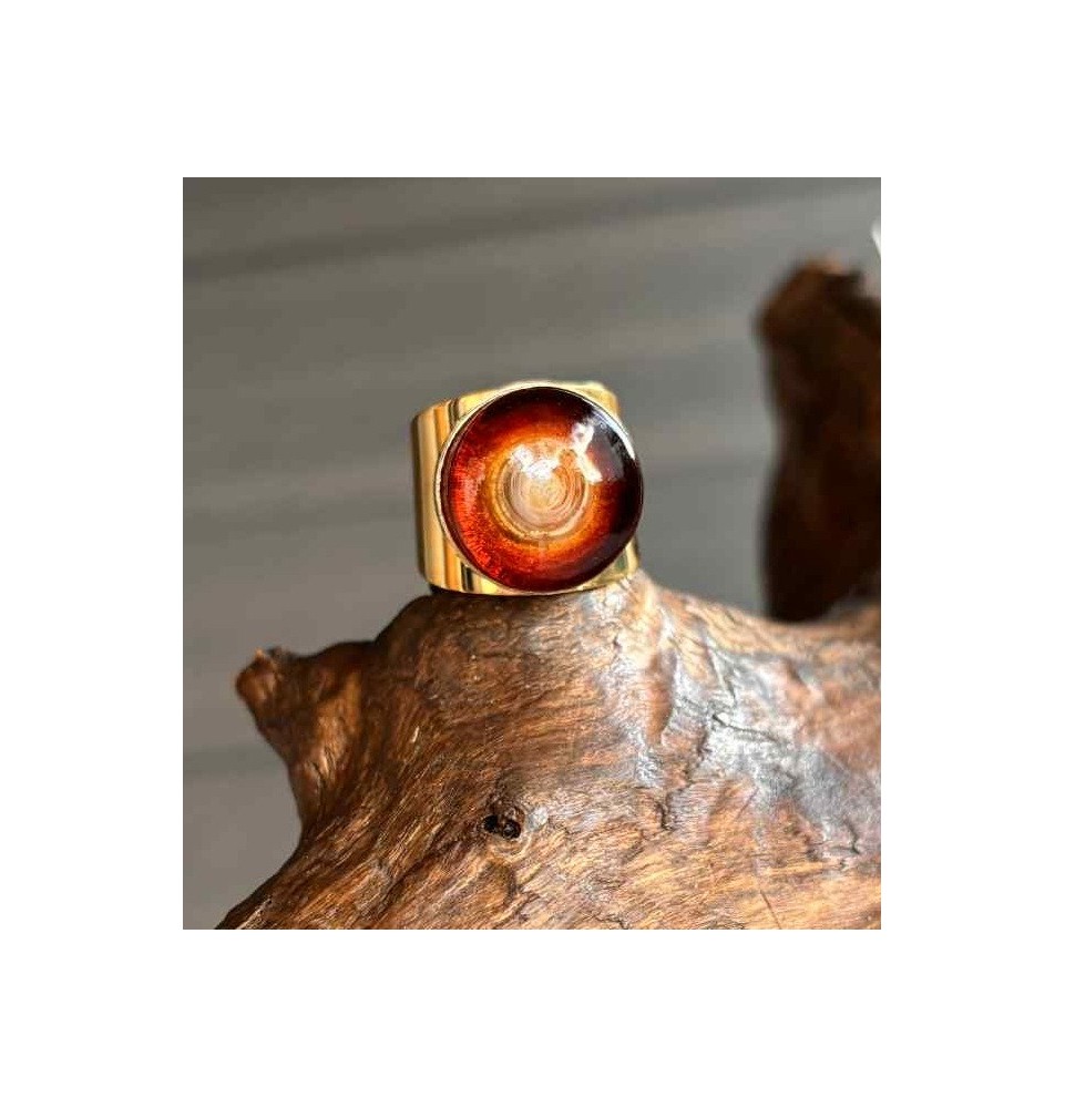 Bague Large Dorée avec Cabochon en Verre Filé – Modèle Unique - Dégradé Ambré