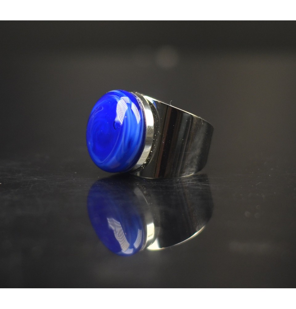 Bague Large avec Cabochon en Verre Filé – Modèle Unique - Bleu intense