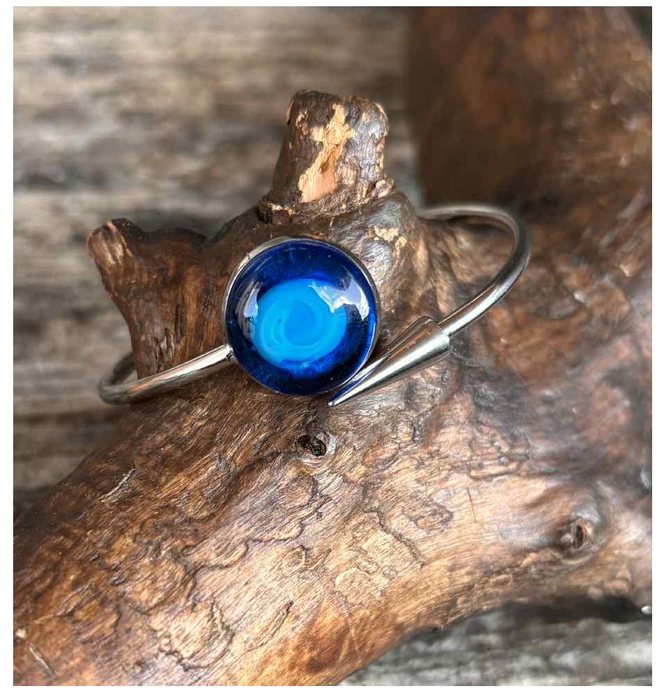 Bracelet pliable en acier inoxydable – Cabochon BLEU PETROLE en verre filé - pour petits poignets